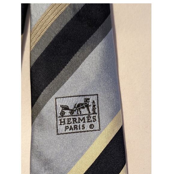 Hermes Paris Vintage 100% Silk Blue Stripe Neck Tie Authentic - Picture 7 of 11